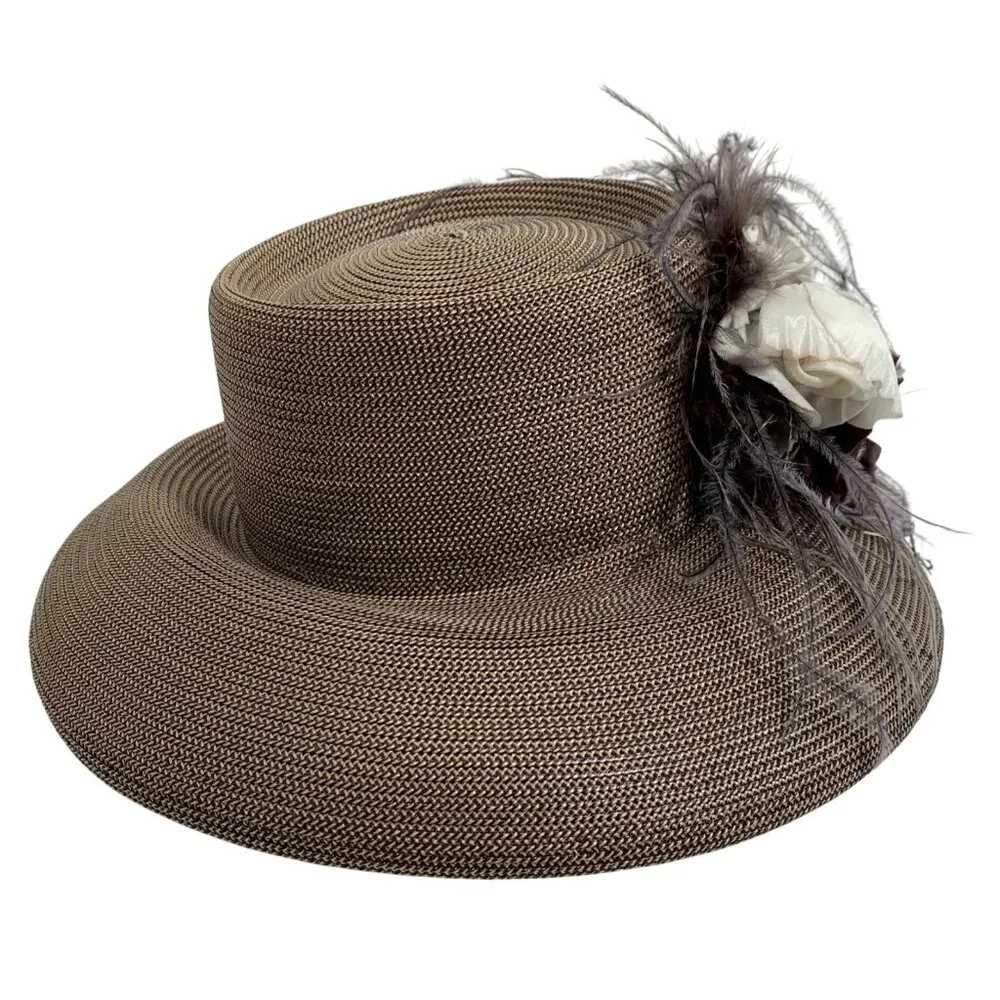 Preston York Beige Straw Kentucky Derby Dress Hat w/ Feathers + Ribbon Flowers